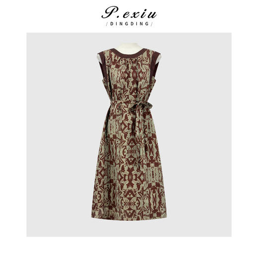 PanYiXiu/潘依绣100%桑蚕丝花萝香云纱撞色印花收腰系带圆领无袖连衣裙 JN86112 商品图0