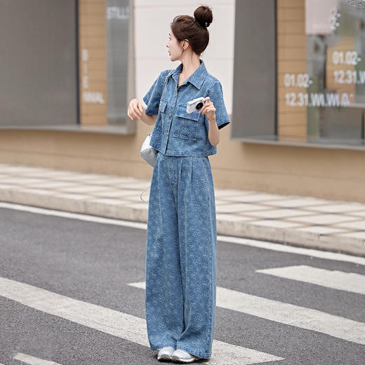 牛仔休闲套装夏季新款高级感小个子减龄阔腿裤时尚两件套GJC2628 商品图3