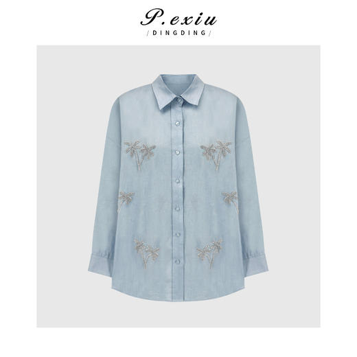 PanYiXiu/潘依绣【海盐椰暖】100%亚麻法式重工钉钻氛围感翻领长袖衬衫 M9356 商品图0