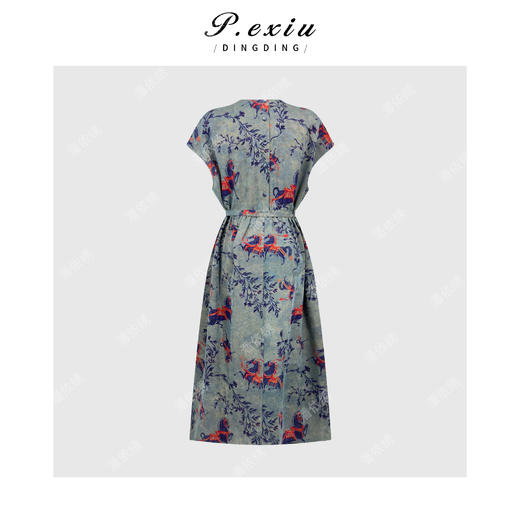 PanYiXiu/潘依绣100%桑蚕丝花萝香云纱文艺复古印花收腰系带无袖连衣裙 JN86125 商品图1