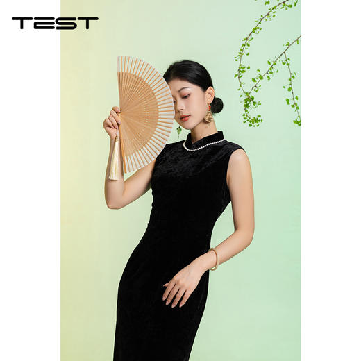 夏上新黑色丝绒无袖显瘦长款气质国风旗袍4262011 商品图0