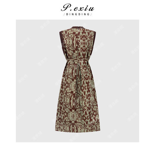 PanYiXiu/潘依绣100%桑蚕丝花萝香云纱撞色印花收腰系带圆领无袖连衣裙 JN86112 商品图1