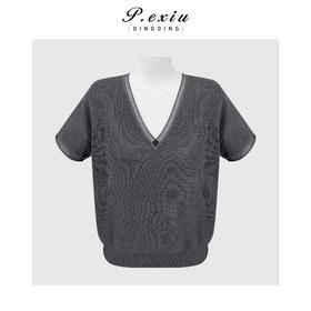 PanYiXiu/潘依绣天丝亚麻松弛感简约蕾丝拼接V领短袖针织上衣 ZZ1165