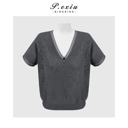 PanYiXiu/潘依绣天丝亚麻松弛感简约蕾丝拼接V领短袖针织上衣 ZZ1165 商品图0
