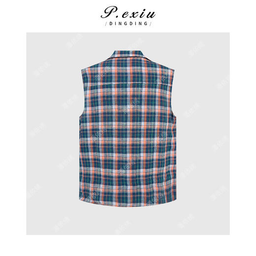 PanYiXiu/潘依绣100%亚麻复古撞色格纹松弛感抽绳V领无袖衬衫 Q02168 商品图1