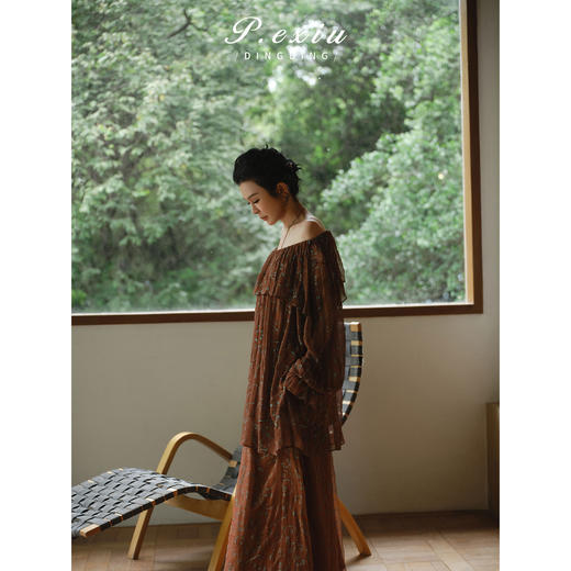 PanYiXiu/潘依绣【棕蔓轻罗】100%人丝法式优雅印花荷叶边衬衫半身裙套装 M9291 商品图2