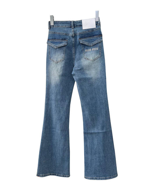 女款后袋翻盖弹力微喇牛仔裤长裤la017 商品图1