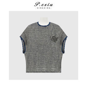 PanYiXiu/潘依绣100%亚麻复古格纹立体花朵宽松流苏毛边无袖圆领背心上衣GH032-3