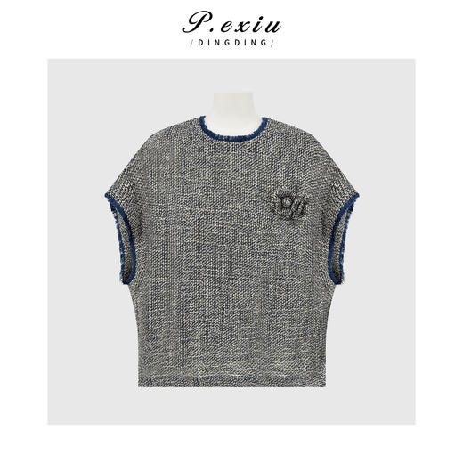 PanYiXiu/潘依绣100%亚麻复古格纹立体花朵宽松流苏毛边无袖圆领背心上衣GH032-3 商品图0