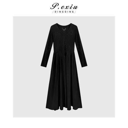 PanYiXiu/潘依绣气质优雅烫钻拼接显瘦V领长袖连衣裙 W-63977 商品图0