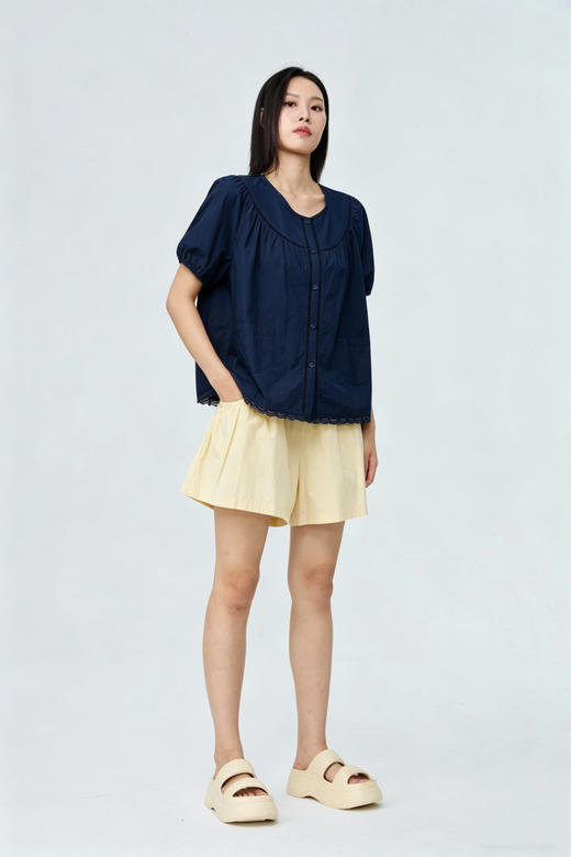 水淼2026夏新款花边纯棉减龄小衫口袋短袖2450 商品图1