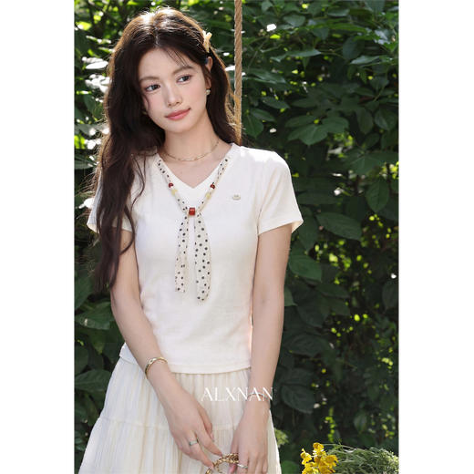 鹿向南「泡泡波点」法式小资漂亮白杏色短袖T恤女夏季设计感上衣 商品图0