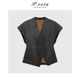 PanYiXiu/潘依绣100%桑蚕丝黑胶绸斜门襟收腰气质显瘦V领短袖衬衫 M9379