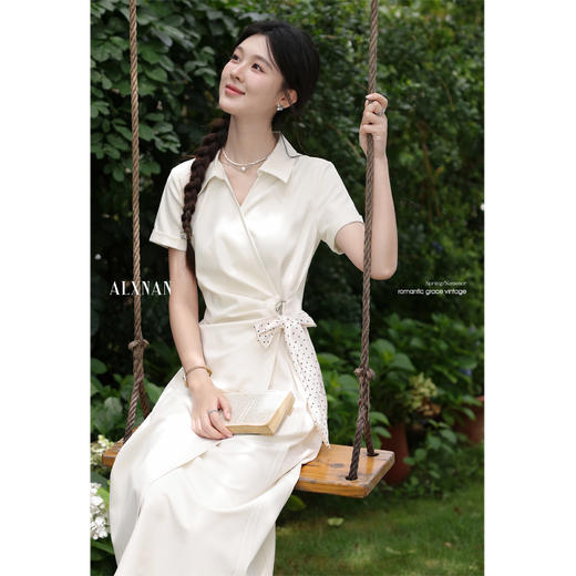 鹿向南「雅致通勤」法式气质白杏色短袖衬衫连衣裙女夏季polo长裙 商品图3