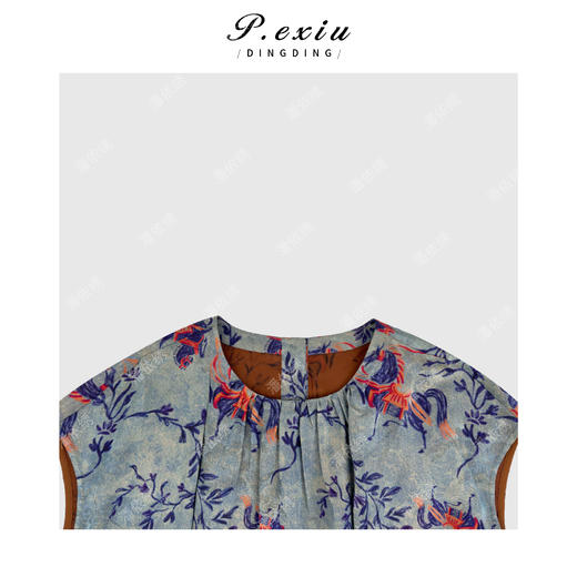 PanYiXiu/潘依绣100%桑蚕丝花萝香云纱文艺复古印花收腰系带无袖连衣裙 JN86125 商品图2