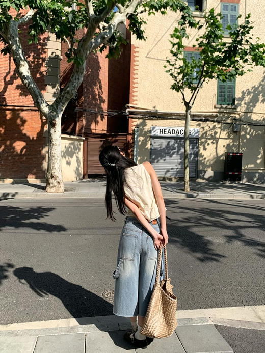 天猫同步【时髦率性中裤】拉夏贝尔/La Chapelle高腰侧边立体口袋牛仔裤复古水洗蓝通勤休闲 商品图6