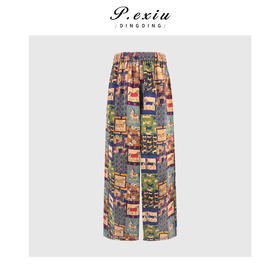 PanYiXiu/潘依绣 【幻马绮驰 】100%桑蚕丝复古印花松紧腰直筒休闲裤 JN86055