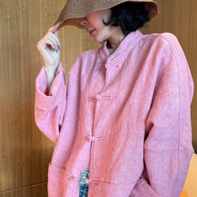 PanYiXiu/潘依绣【烟粉初晴】100%亚麻国风盘扣立领宽松长袖衬衫 W-63823