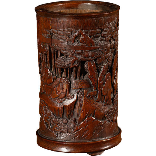 清 张宏裕款竹雕竹林雅集笔筒（红木口底） 商品图5