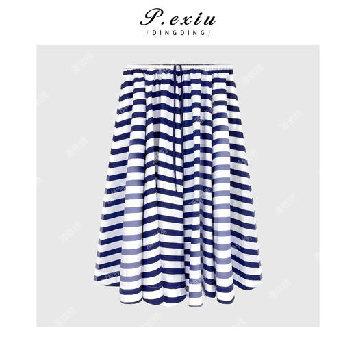 PanYiXiu/潘依绣100%棉设计感撞色条纹显瘦松紧腰抽绳半身裙 M9243 商品图1