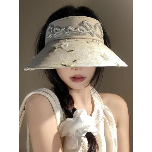 【仙女蕾丝花朵珍珠编织空顶草帽】女夏季大帽檐遮阳防晒帽田园风太阳帽子 商品图4