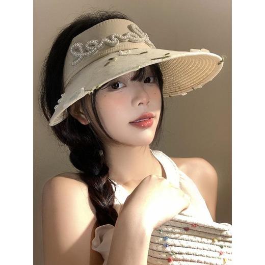 【仙女蕾丝花朵珍珠编织空顶草帽】女夏季大帽檐遮阳防晒帽田园风太阳帽子 商品图2