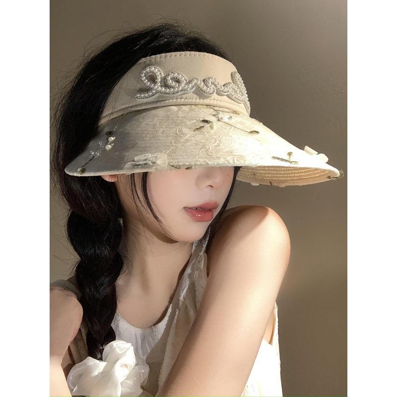 【仙女蕾丝花朵珍珠编织空顶草帽】女夏季大帽檐遮阳防晒帽田园风太阳帽子