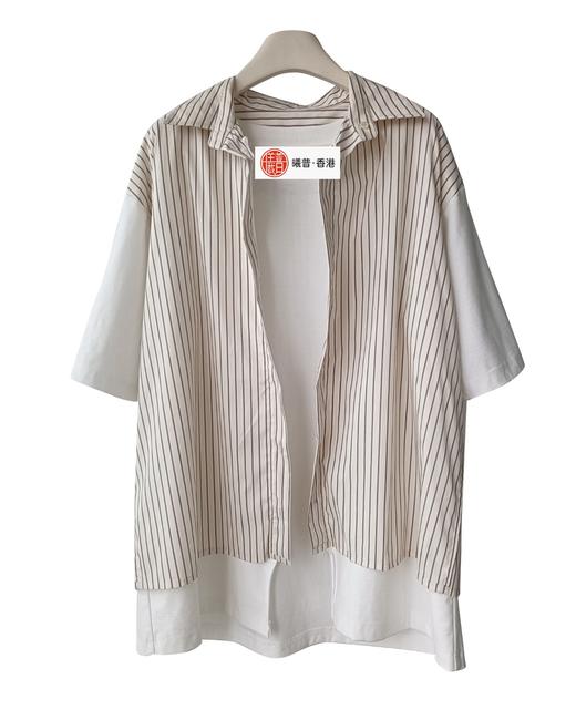 男款两面穿纯棉条纹宽松短袖衬衫ba016 商品图3