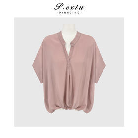 PanYiXiu/潘依绣100%人丝气质宽松简约压褶堆堆感V领短袖衬衫 W-63821