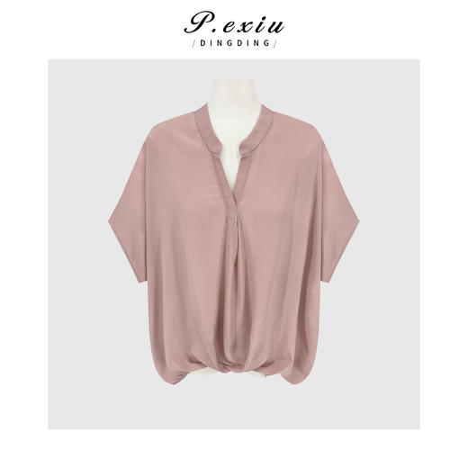 PanYiXiu/潘依绣100%人丝气质宽松简约压褶堆堆感V领短袖衬衫 W-63821 商品图0