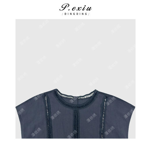 PanYiXiu/潘依绣天丝亚麻重工镂空勾花拼接气质小飞袖圆领衬衫 W-63725 商品图2