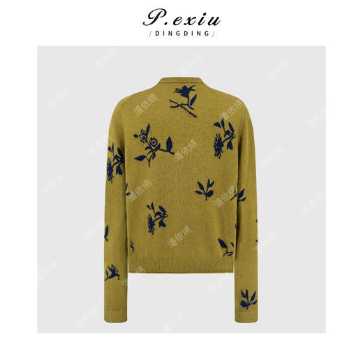 PanYiXiu/潘依绣桑蚕丝羊毛复古花朵撞色提花V领长袖针织开衫D429 商品图1