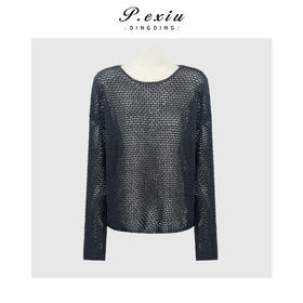 PanYiXiu/潘依绣100%棉设计感慵懒风镂空叠穿显瘦圆领长袖针织上衣 L2832