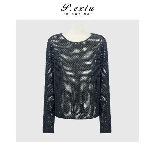 PanYiXiu/潘依绣100%棉设计感慵懒风镂空叠穿显瘦圆领长袖针织上衣 L2832 商品图0