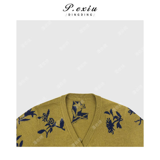 PanYiXiu/潘依绣桑蚕丝羊毛复古花朵撞色提花V领长袖针织开衫D429 商品图2