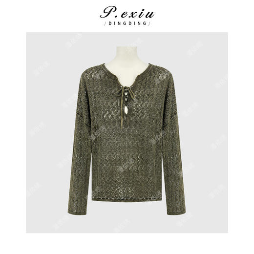 PanYiXiu/潘依绣100%棉小众镂空慵懒风系带V领百搭长袖针织上衣 ZZ1123 商品图1