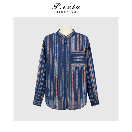 PanYiXiu/潘依绣亚麻复古撞色竖条纹慵懒松弛风圆领长袖衬衫 W-63920 商品图2