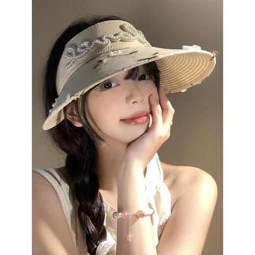 【仙女蕾丝花朵珍珠编织空顶草帽】女夏季大帽檐遮阳防晒帽田园风太阳帽子 商品图1