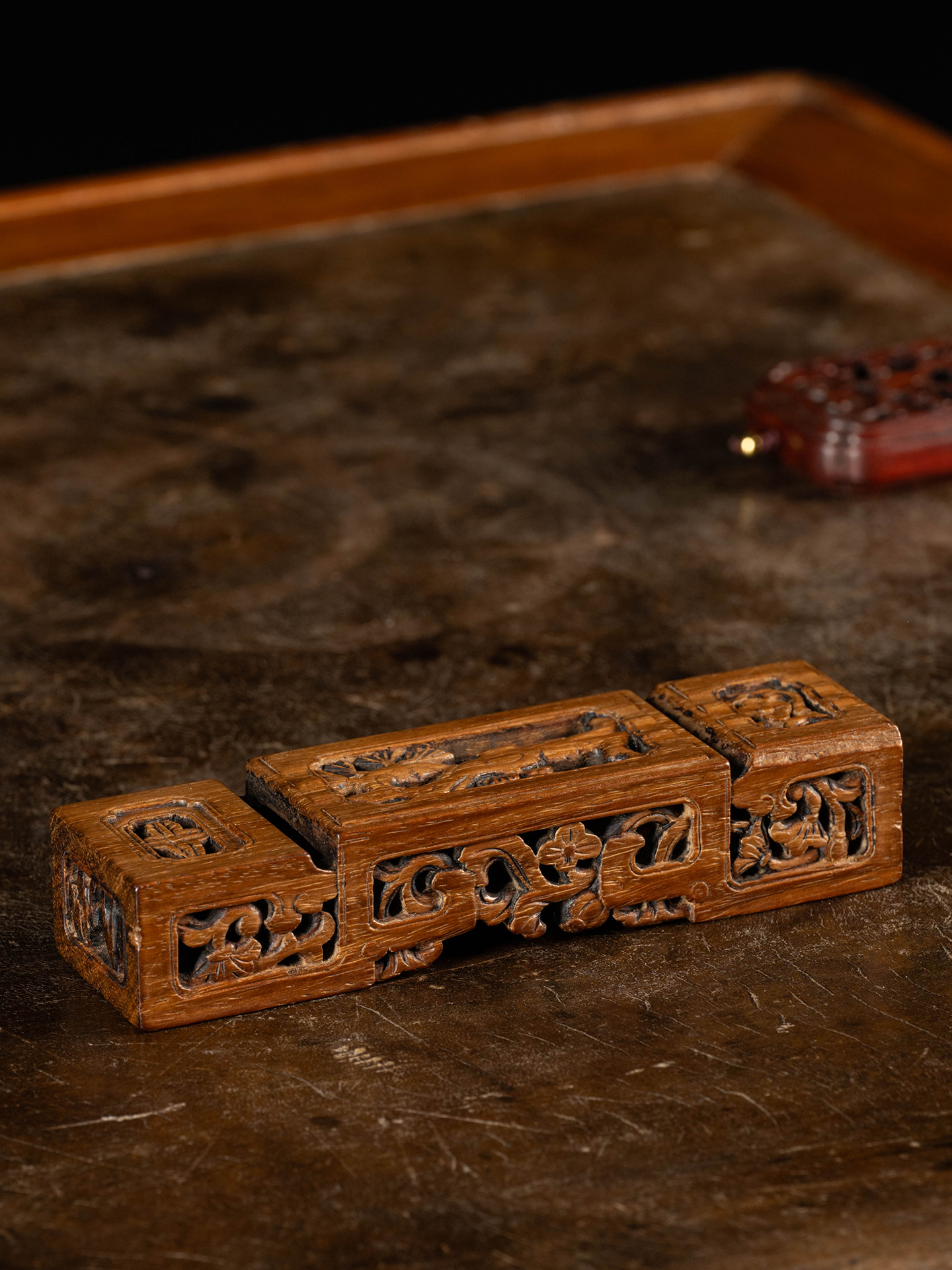 清 黄花梨整挖透雕松梅双清墨床