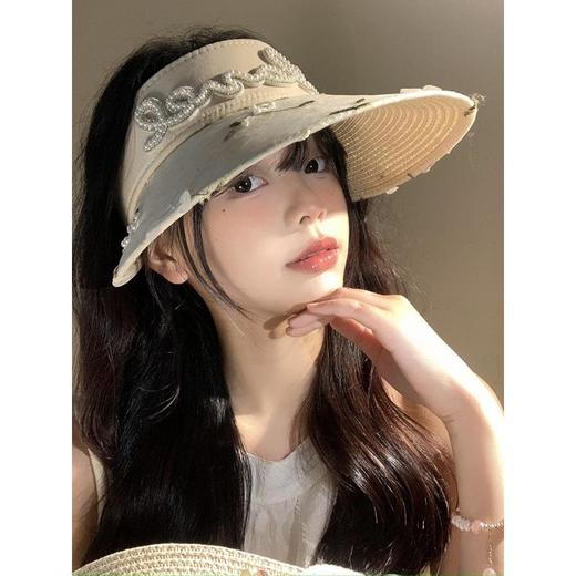 【仙女蕾丝花朵珍珠编织空顶草帽】女夏季大帽檐遮阳防晒帽田园风太阳帽子 商品图3