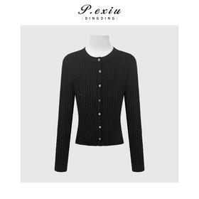 PanYiXiu/潘依绣人丝复古竖坑条单排扣显瘦百搭圆领长袖针织开衫 ZZ1130