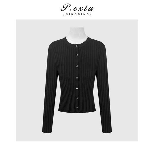 PanYiXiu/潘依绣人丝复古竖坑条单排扣显瘦百搭圆领长袖针织开衫 ZZ1130 商品图0