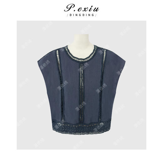 PanYiXiu/潘依绣天丝亚麻重工镂空勾花拼接气质小飞袖圆领衬衫 W-63725 商品图0