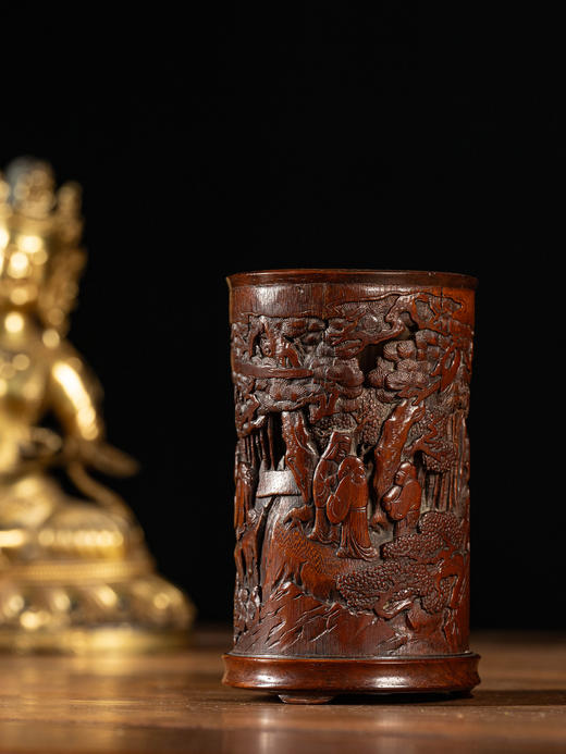 清 张宏裕款竹雕竹林雅集笔筒（红木口底） 商品图2