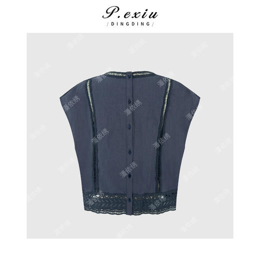 PanYiXiu/潘依绣天丝亚麻重工镂空勾花拼接气质小飞袖圆领衬衫 W-63725 商品图1