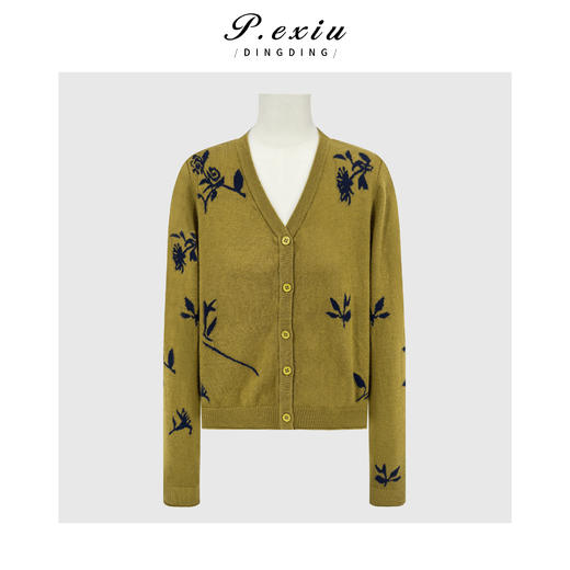 PanYiXiu/潘依绣桑蚕丝羊毛复古花朵撞色提花V领长袖针织开衫D429 商品图0