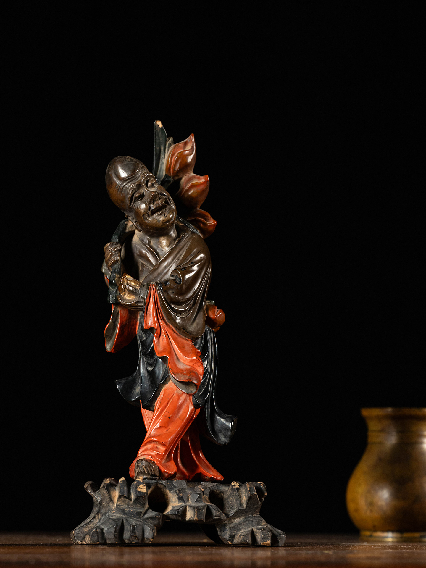 清 木雕彩漆东方朔人物摆件