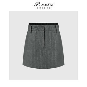 PanYiXiu/潘依绣人丝小众竖条纹气质撞色双腰头A字显瘦半身裙 M9270