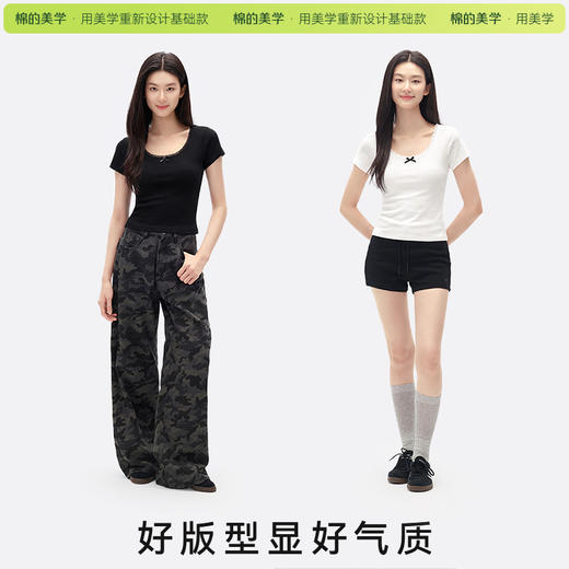（☀️夏日狂欢）「棉的美学」2026夏季女士新款修身显瘦正肩百搭短袖蕾丝时尚上衣 商品图1