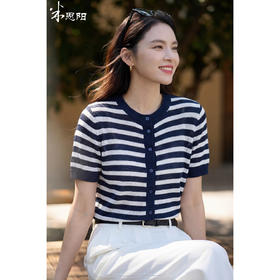 航海蓝条纹针织T 复古撞色 米思阳2026夏季复古风条纹含羊毛短袖针织开衫上衣1310